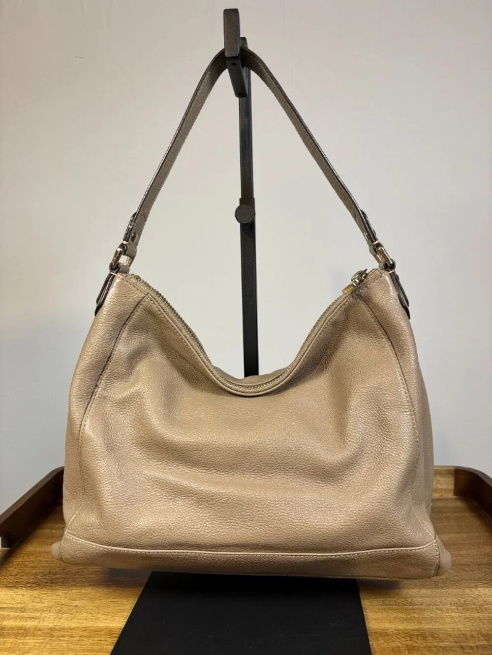 Coach Charlie Taupe Gray Pebbled Leather Hobo Shoulder Bag